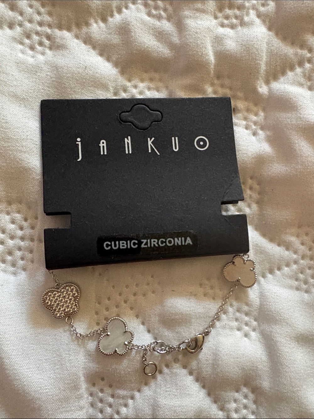 Silver Clover Link Bracelet with Cubic Zirconia Accents